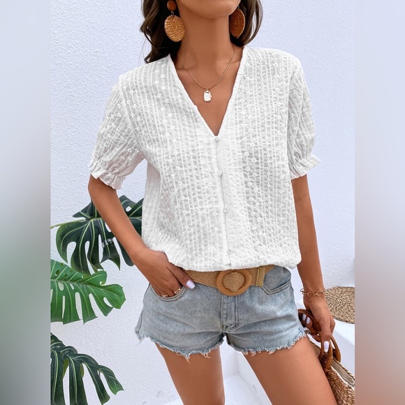 Honey Buttoned V-Neck Flounce Sleeve Top - Picture 1 of 6